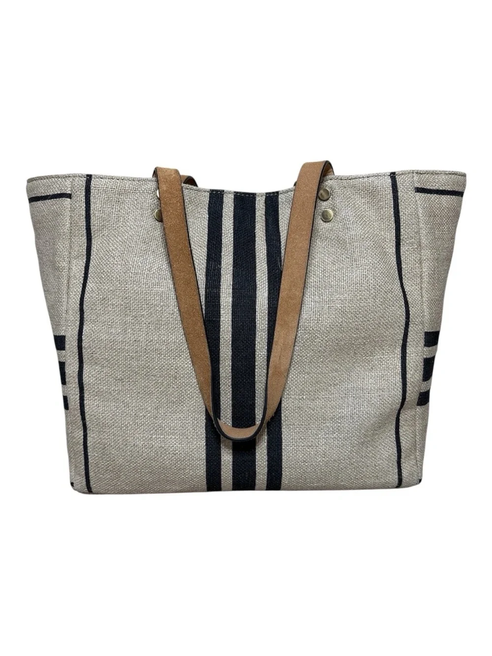 J Jill Linen Italian Leather Stripe Tote Bag Coastal Grandma Hamptons Chic Large